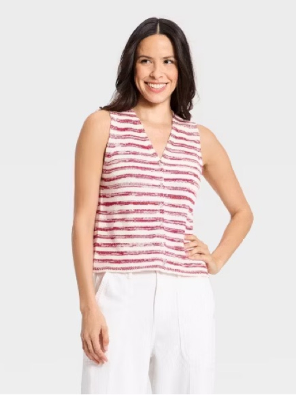 Women's Button-Front Standard Fit Tank Top - Universal Thread™ Red Striped